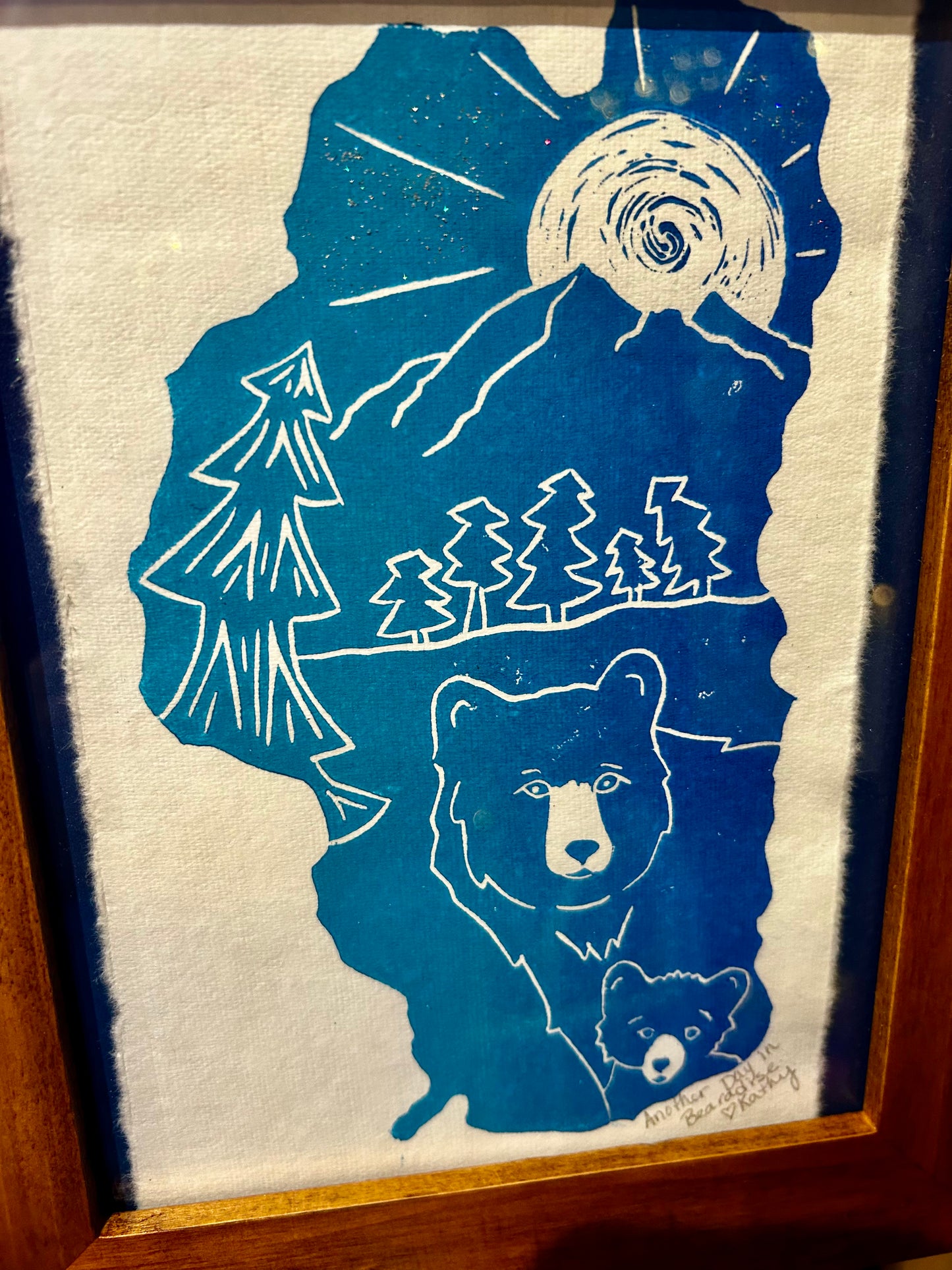 K. Dewey Linocut - "Just Another Day in Bearadise"